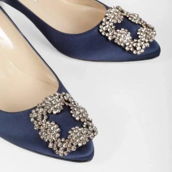 Manolo Blahnik Hangisi Blue Satin Jewel Pumps - Picture 7 of 11